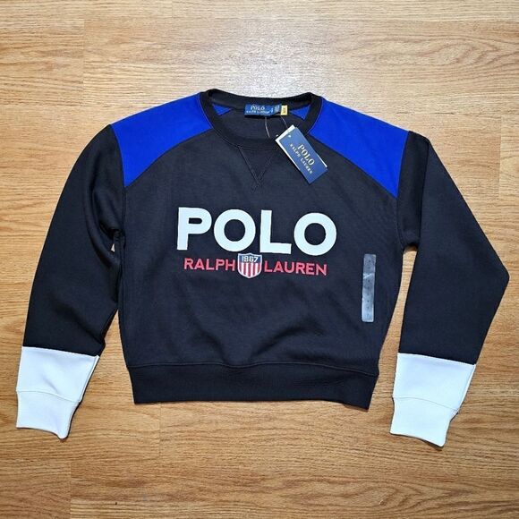 Polo Ralph Lauren USA Shield Logo Sweatshirt Crop Length Black Blue Small S New - Picture 1 of 10